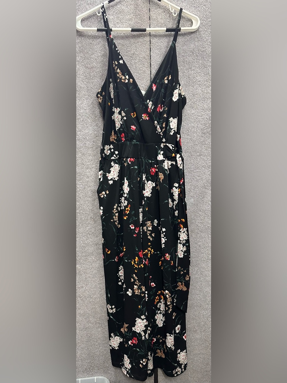 Kaileigh Black Floral Wrap Jumpsuit with Slim Straps